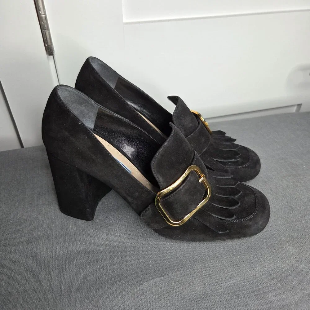 Women's Prada Black Suede Madras Fringe Buckle Slip-On with COA - EU Size 38.5 - Picture 12 of 12
